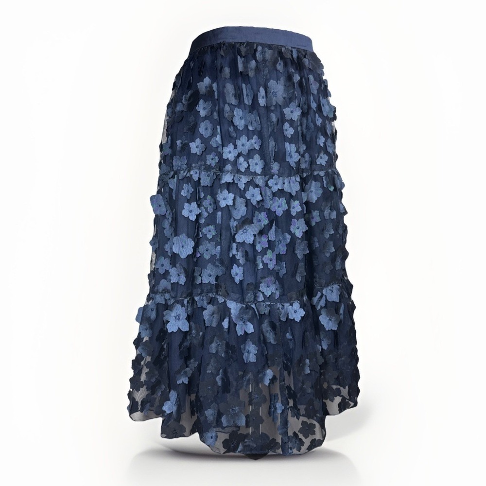 Eva Franco Anthropologie Buttercup Skirt Blue 3D Floral Tiered 8 Made in USA